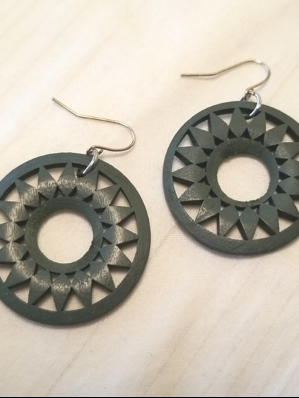 Geometric Circle Wood Drop Earrings in Deep Green